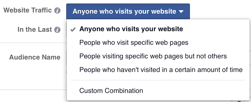 Facebook website traffic targeting options screenshot