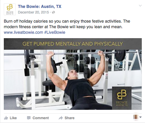 Property facebook post highlighting fitness center.