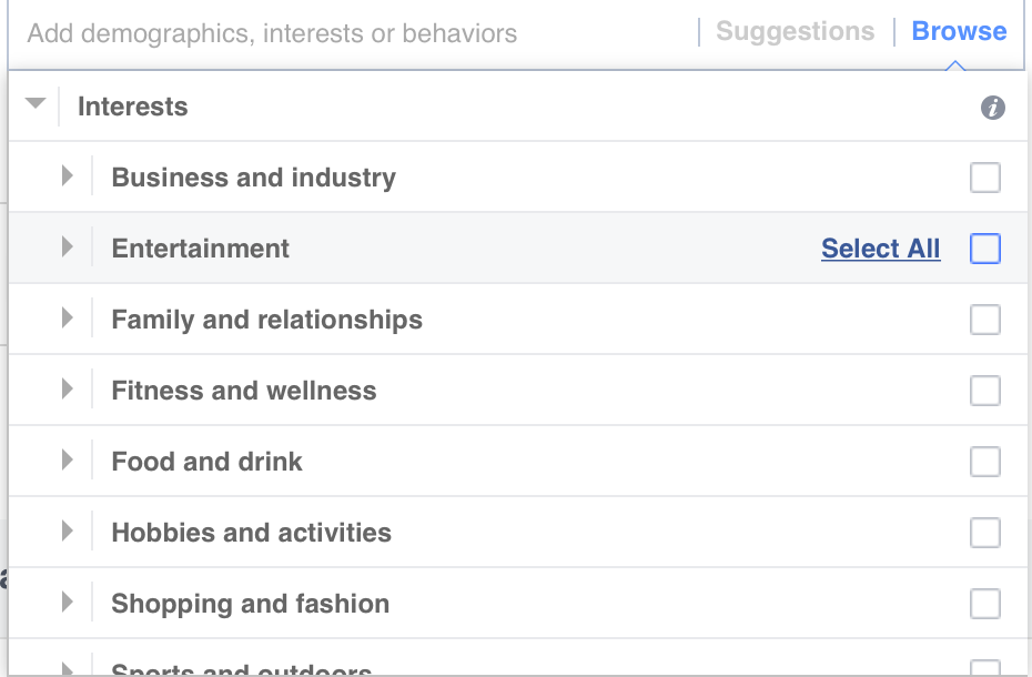Facebook interests targeting screenshot